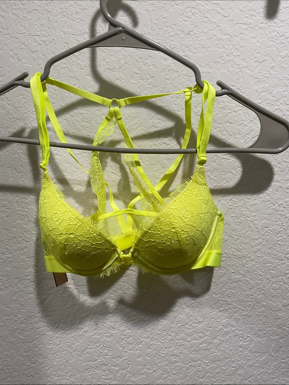 Victoria's Secret Neon Yellow Lace Push-Up Bra with Strappy Back Detail
